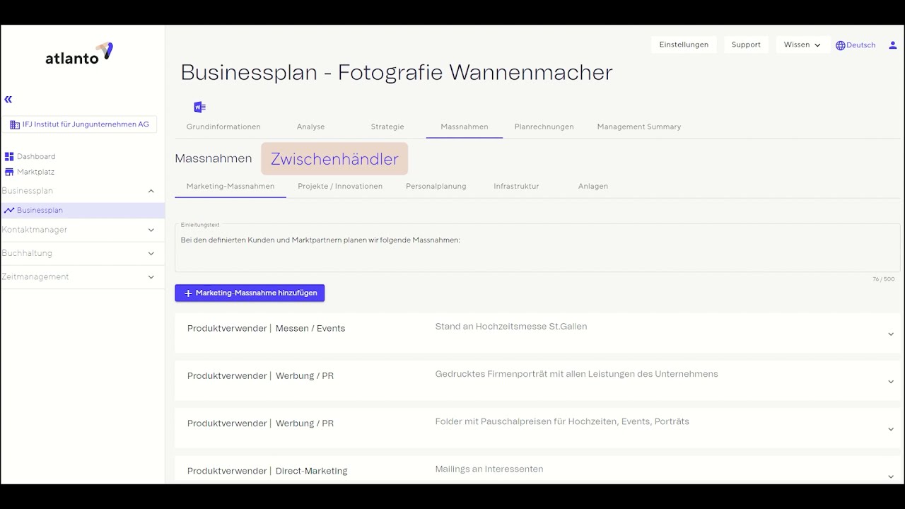 Businessplan: Massnahmen
