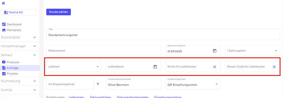 In der Auftragsansicht erscheinen die Felder für Informationen zu den Lieferkosten.