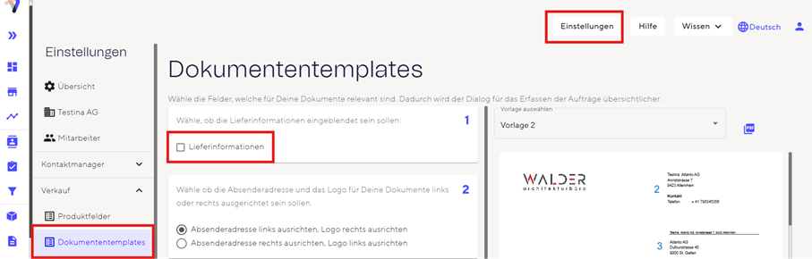 Kreuze in den EInstellungen der Dokumententemplates "Lieferinformationen" an.