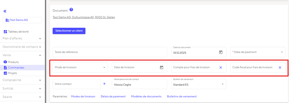 Dans la vue des documents apparaissent les champs concernant les informations de livraison.