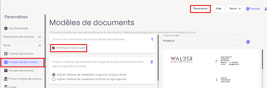 Coche la case "Informations de livraison" dans les paramètres des Modèles de vente.